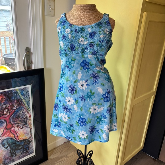 Vintage Y2K Up Front Smocked Mini Dress – Blue Floral Hibiscus Print, Size L - Picture 1 of 11